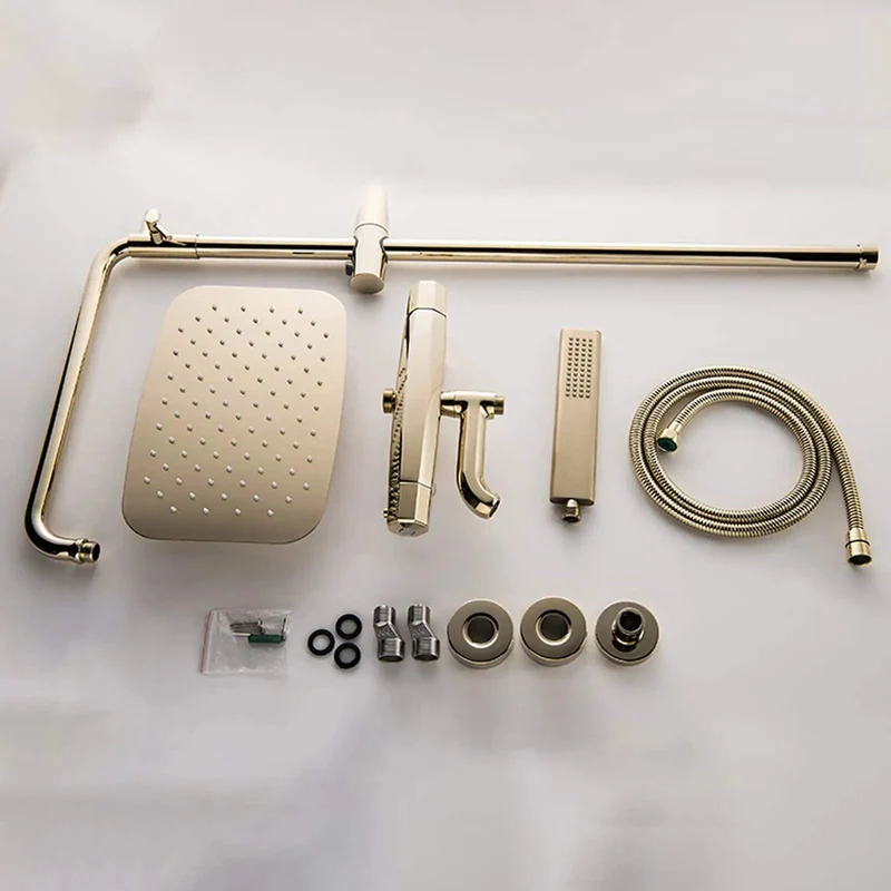 Wall Mounted Gold Shower System With Rainfall Head And Tub Spout Boasting Water Bubble Tech That Keeps Things Slick And Quiet This Heavy Duty Three Way Bathroom Faucet Set Delivers Soft Spray Action For That Top Shelf Soaking Experience