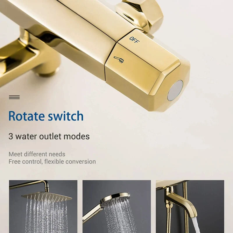 Wall Mounted Gold Shower System With Rainfall Head And Tub Spout Boasting Water Bubble Tech That Keeps Things Slick And Quiet This Heavy Duty Three Way Bathroom Faucet Set Delivers Soft Spray Action For That Top Shelf Soaking Experience