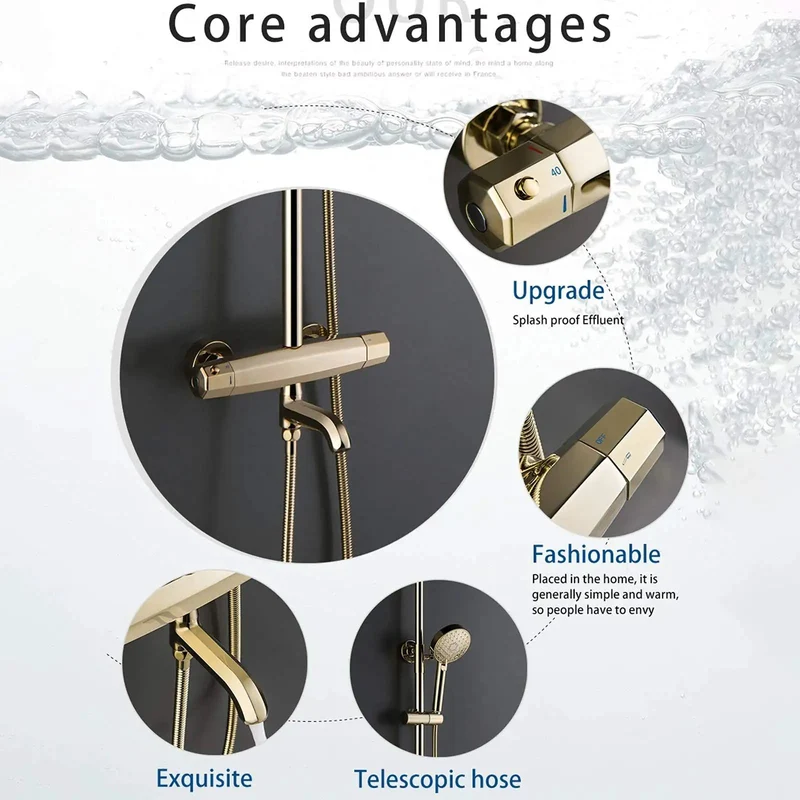 Wall Mounted Gold Shower System With Rainfall Head And Tub Spout Boasting Water Bubble Tech That Keeps Things Slick And Quiet This Heavy Duty Three Way Bathroom Faucet Set Delivers Soft Spray Action For That Top Shelf Soaking Experience