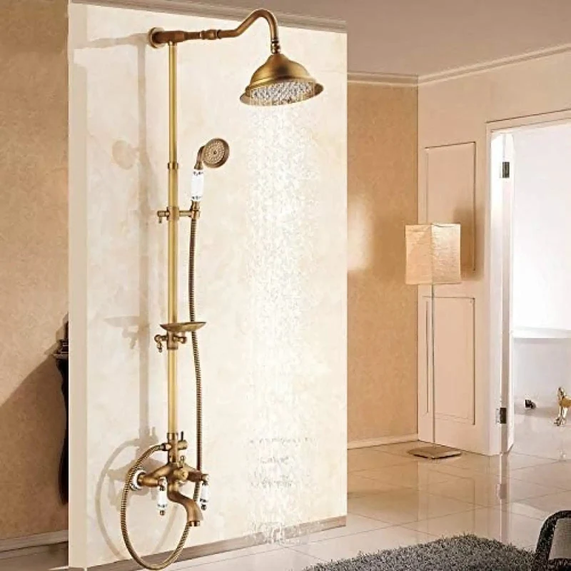 Eight Inch Rain Shower System With Dual Handles And Swiveling Tub Spout In Classic Antique Brass Finish Features Anti Clog Silicone Jets And Air Mixing Valve For Hassle Free Setup Top Shelf Durability Guaranteed