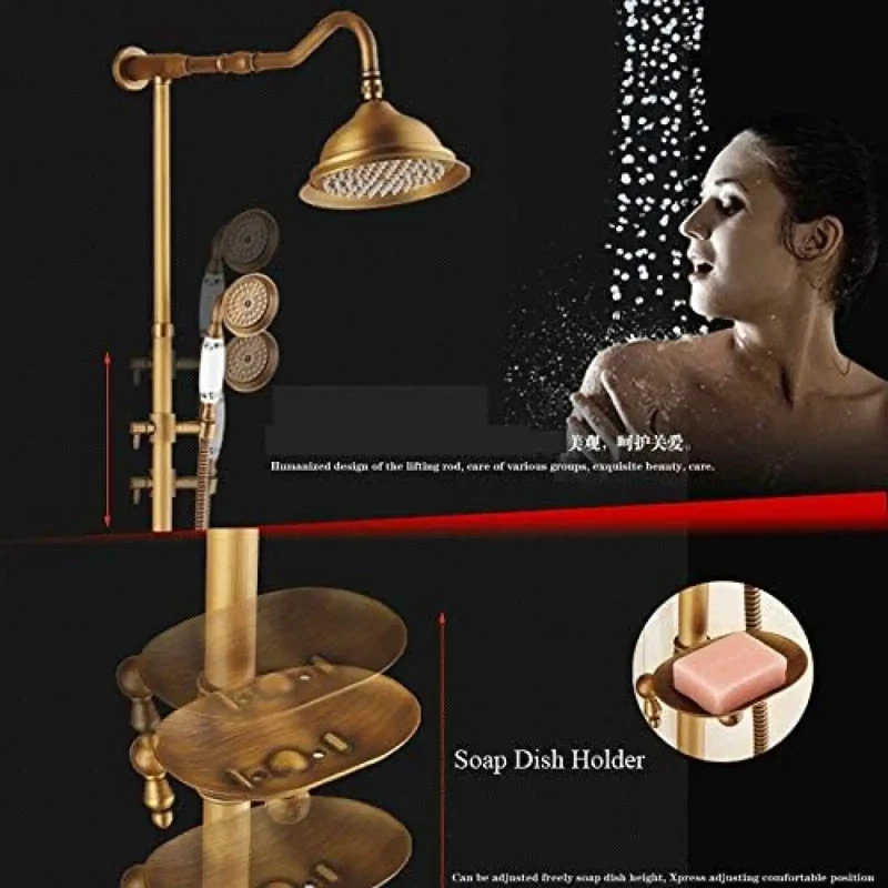 Eight Inch Rain Shower System With Dual Handles And Swiveling Tub Spout In Classic Antique Brass Finish Features Anti Clog Silicone Jets And Air Mixing Valve For Hassle Free Setup Top Shelf Durability Guaranteed