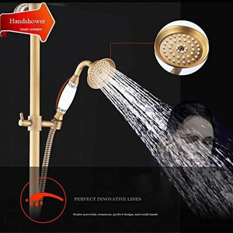 Eight Inch Rain Shower System With Dual Handles And Swiveling Tub Spout In Classic Antique Brass Finish Features Anti Clog Silicone Jets And Air Mixing Valve For Hassle Free Setup Top Shelf Durability Guaranteed