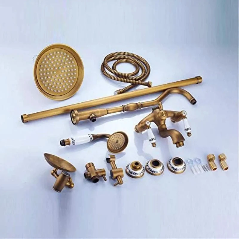 Eight Inch Rain Shower System With Dual Handles And Swiveling Tub Spout In Classic Antique Brass Finish Features Anti Clog Silicone Jets And Air Mixing Valve For Hassle Free Setup Top Shelf Durability Guaranteed