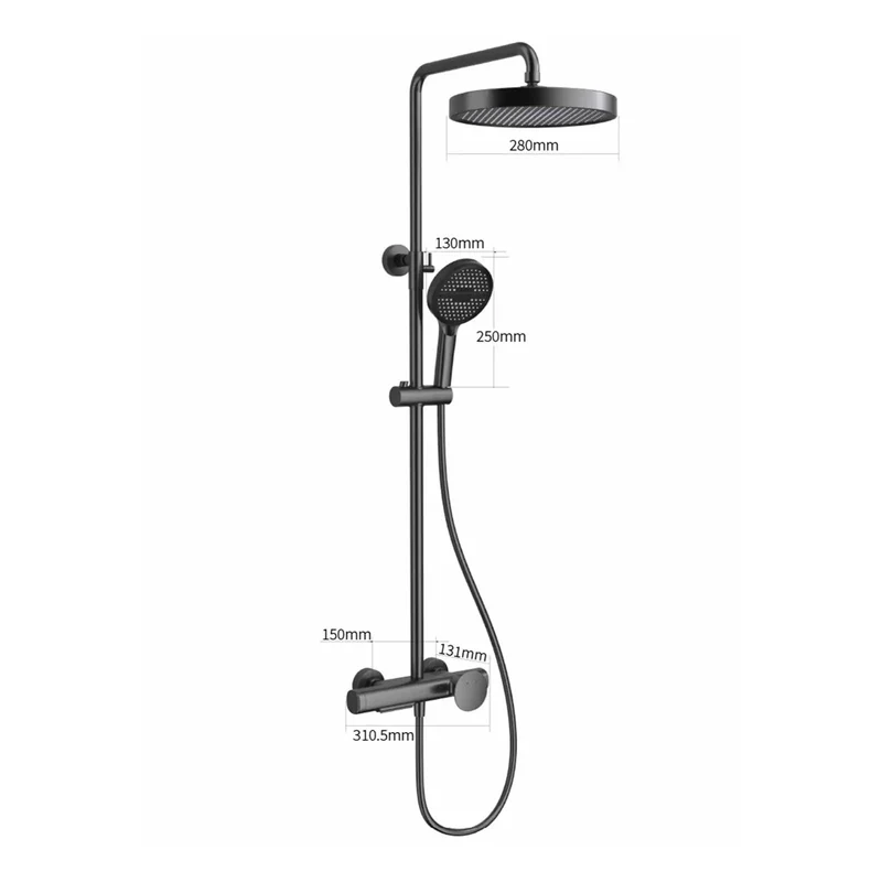 Straight Up Premium Exposed Wall Mount Shower System In Gun Gray Packs A Massive 280mm Round Rainfall Head And Four Pattern Handheld Sprayer Joined By A Clean Waterfall Tub Spout For A Bathroom Refresh That Truly Slaps