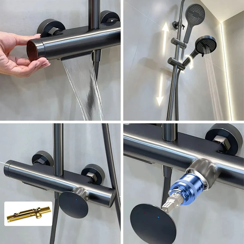 Straight Up Premium Exposed Wall Mount Shower System In Gun Gray Packs A Massive 280mm Round Rainfall Head And Four Pattern Handheld Sprayer Joined By A Clean Waterfall Tub Spout For A Bathroom Refresh That Truly Slaps