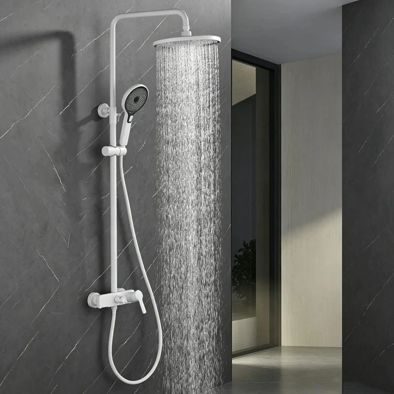 Top Notch Exposed Shower System Featuring Solid Copper Body Construction with a Classic Waterfall Tub Spout and Generous Rainfall Shower Head in Bright White