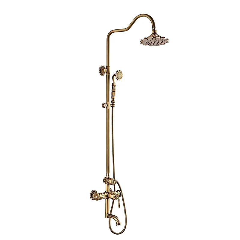 Heavy Duty Solid Brass Exposed Shower System With Rotating Tub Spout Cast In One Piece Retro Carved Bath Faucet Vintage Wall Mounted Fixture Kick Butt Style And Slick Finish