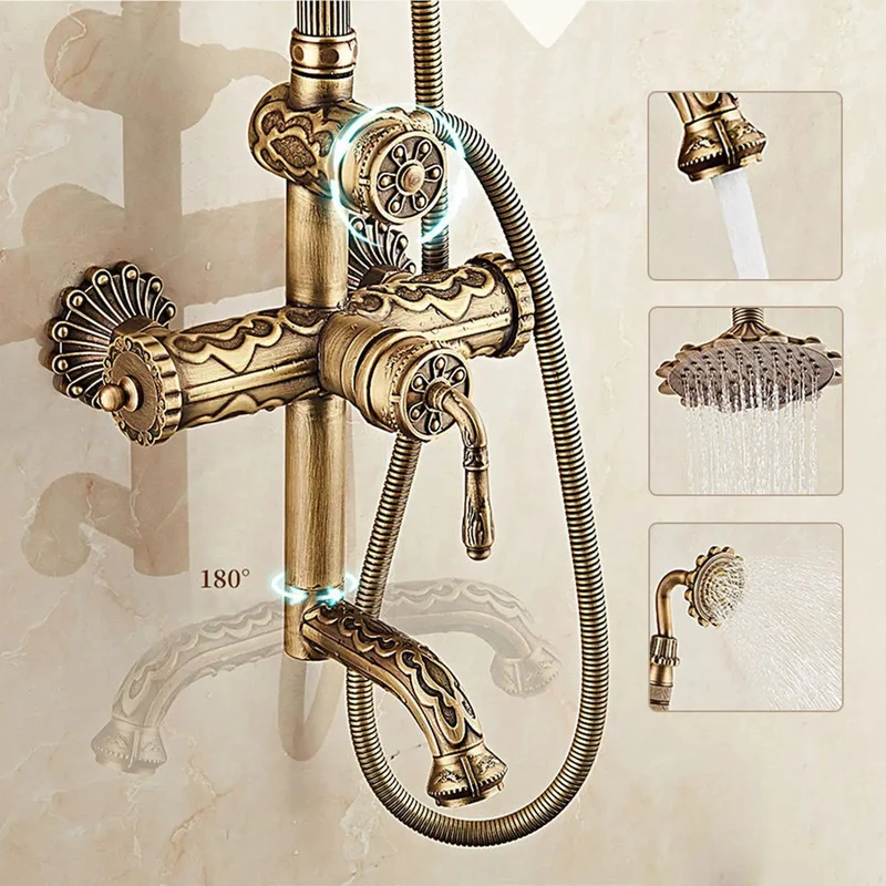 Heavy Duty Solid Brass Exposed Shower System With Rotating Tub Spout Cast In One Piece Retro Carved Bath Faucet Vintage Wall Mounted Fixture Kick Butt Style And Slick Finish