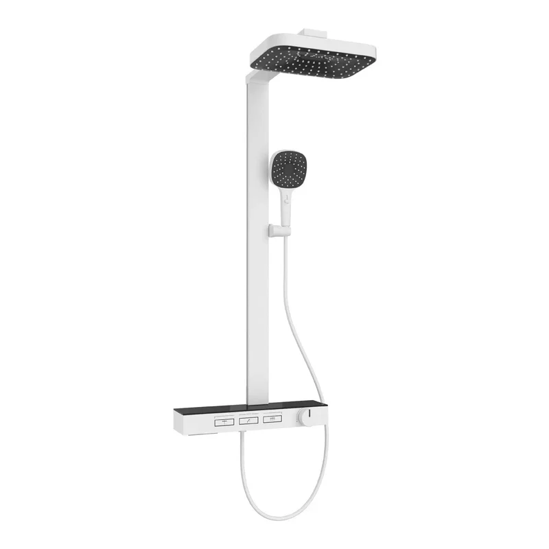 Exposed Wall Mount Shower Faucet System With Smooth Piano Key Diverter Valve In Crisp White Showing Kickass Rain Shower Head Adjustable Hand Spray And Elegant Waterfall Spout For Easy Three Mode Switching And Total Rock Solid Bathroom Style