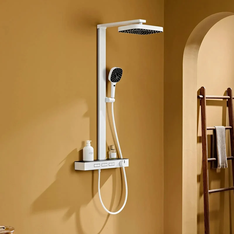 Exposed Wall Mount Shower Faucet System With Smooth Piano Key Diverter Valve In Crisp White Showing Kickass Rain Shower Head Adjustable Hand Spray And Elegant Waterfall Spout For Easy Three Mode Switching And Total Rock Solid Bathroom Style