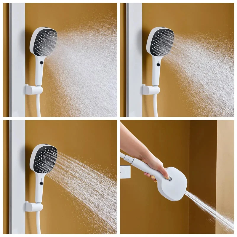 Exposed Wall Mount Shower Faucet System With Smooth Piano Key Diverter Valve In Crisp White Showing Kickass Rain Shower Head Adjustable Hand Spray And Elegant Waterfall Spout For Easy Three Mode Switching And Total Rock Solid Bathroom Style