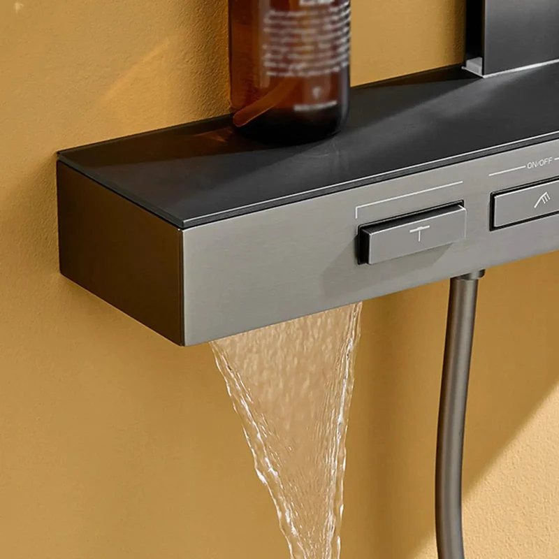Exposed Wall Mount Shower Faucet System With Smooth Piano Key Diverter Valve In Crisp White Showing Kickass Rain Shower Head Adjustable Hand Spray And Elegant Waterfall Spout For Easy Three Mode Switching And Total Rock Solid Bathroom Style