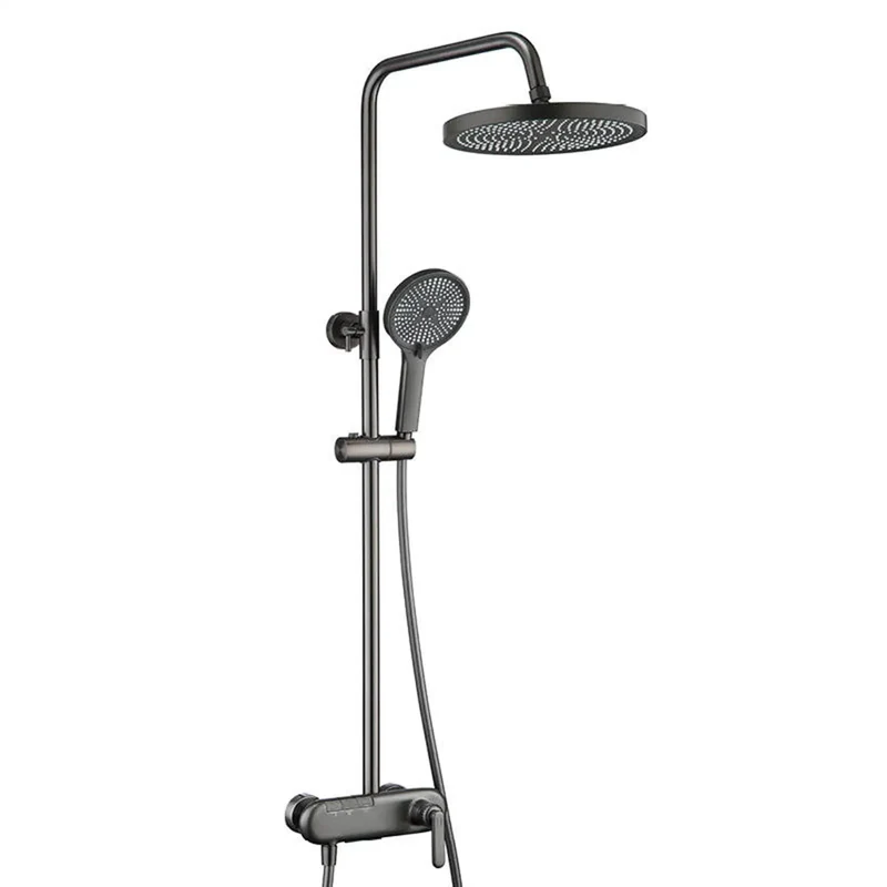 Piano Key Wall Mounted Exposed Shower System Gun Gray Finish Reveals Dope Rainfall Top Spray Combined with Handheld Wand and Waterfall Tub Spout for a Sick Bath Experience