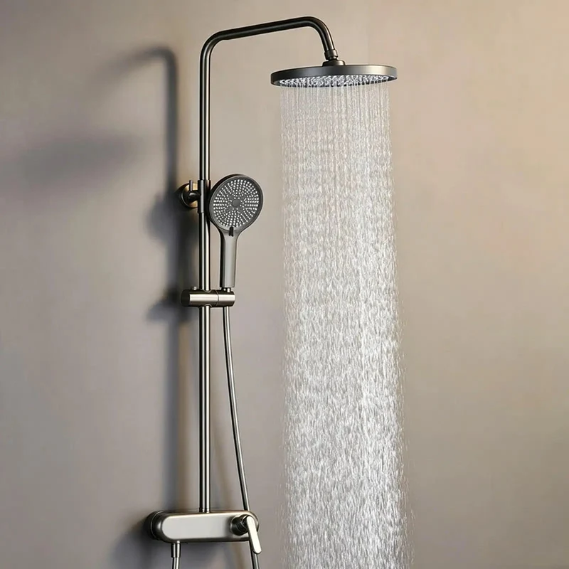 Piano Key Wall Mounted Exposed Shower System Gun Gray Finish Reveals Dope Rainfall Top Spray Combined with Handheld Wand and Waterfall Tub Spout for a Sick Bath Experience