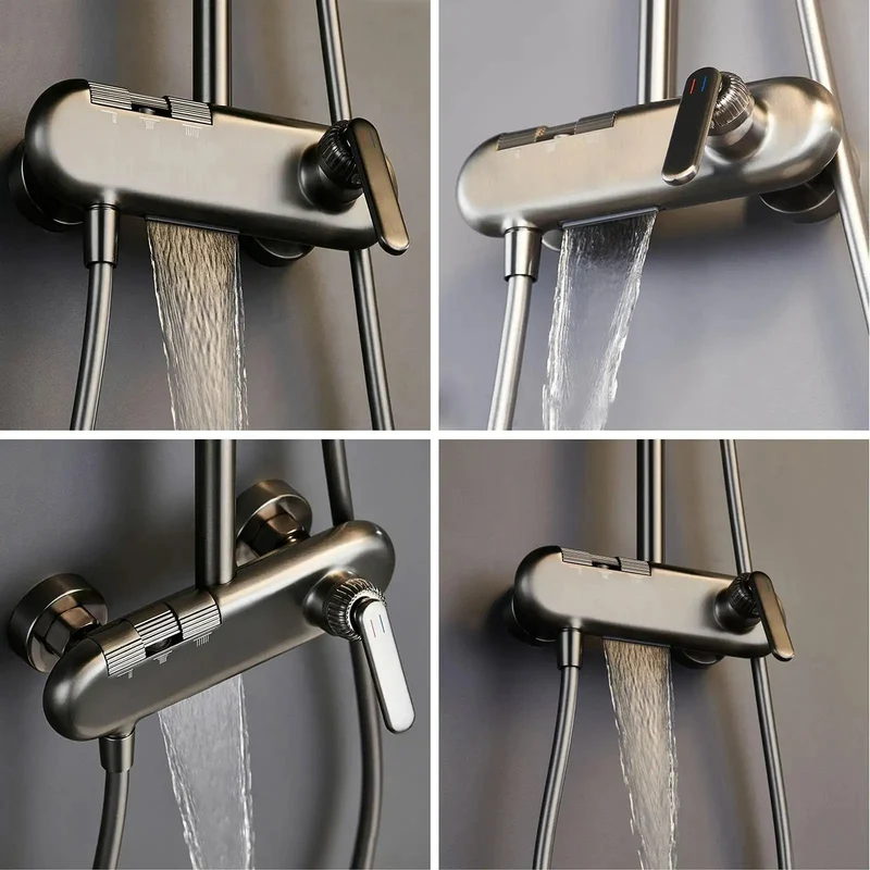 Piano Key Wall Mounted Exposed Shower System Gun Gray Finish Reveals Dope Rainfall Top Spray Combined with Handheld Wand and Waterfall Tub Spout for a Sick Bath Experience
