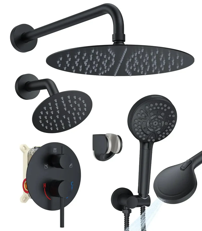 Wall Mounted Rain Shower System With Twelve Inch Ceiling Rainhead And Six Inch Angled Multi Settings Handheld Including Heavy Duty Chrome Valve Kit For Bathrooms Delivering Killer Water Pressure And Hassle Free Operation