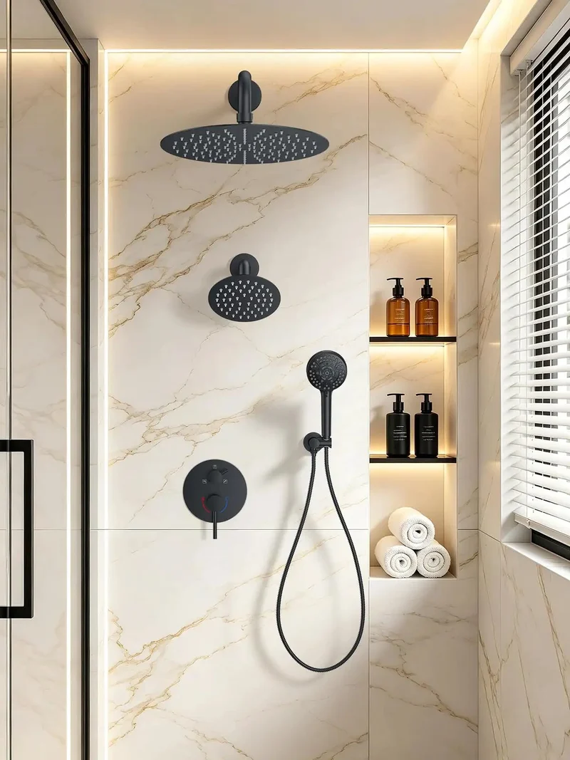 Wall Mounted Rain Shower System With Twelve Inch Ceiling Rainhead And Six Inch Angled Multi Settings Handheld Including Heavy Duty Chrome Valve Kit For Bathrooms Delivering Killer Water Pressure And Hassle Free Operation