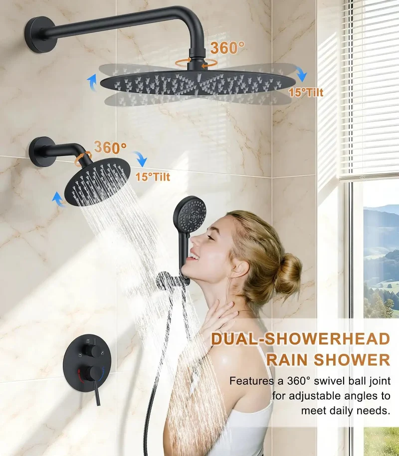 Wall Mounted Rain Shower System With Twelve Inch Ceiling Rainhead And Six Inch Angled Multi Settings Handheld Including Heavy Duty Chrome Valve Kit For Bathrooms Delivering Killer Water Pressure And Hassle Free Operation
