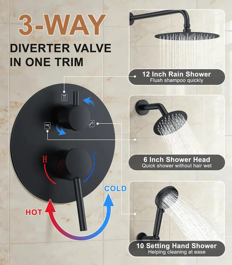 Wall Mounted Rain Shower System With Twelve Inch Ceiling Rainhead And Six Inch Angled Multi Settings Handheld Including Heavy Duty Chrome Valve Kit For Bathrooms Delivering Killer Water Pressure And Hassle Free Operation