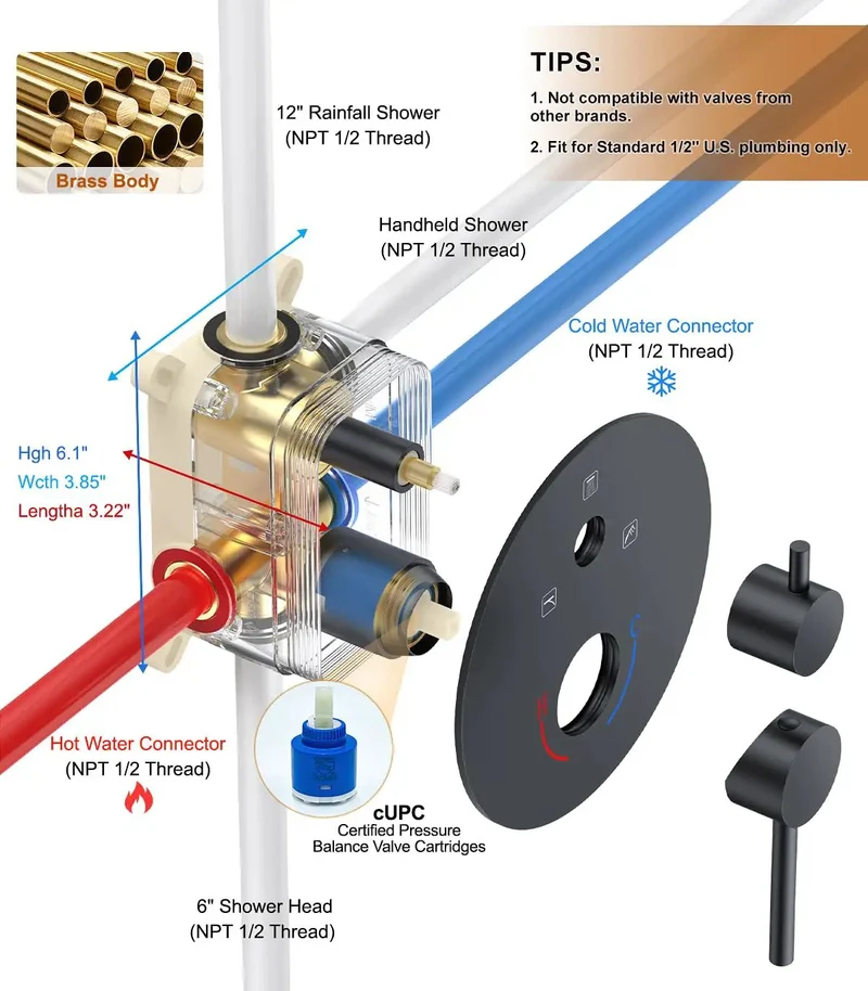 Wall Mounted Rain Shower System With Twelve Inch Ceiling Rainhead And Six Inch Angled Multi Settings Handheld Including Heavy Duty Chrome Valve Kit For Bathrooms Delivering Killer Water Pressure And Hassle Free Operation