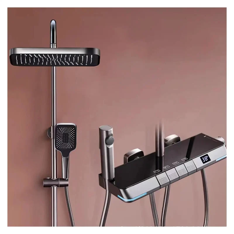 Heavy Duty Led Digital Shower System Wall Mounted Waterfall Faucet Rain Head Solid Brass Brushed Gray Finish Smooth Flowing Rock Solid Build No Hassle Install Top Tier Setup