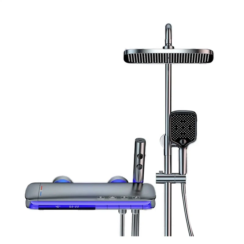 Heavy Duty Led Digital Shower System Wall Mounted Waterfall Faucet Rain Head Solid Brass Brushed Gray Finish Smooth Flowing Rock Solid Build No Hassle Install Top Tier Setup