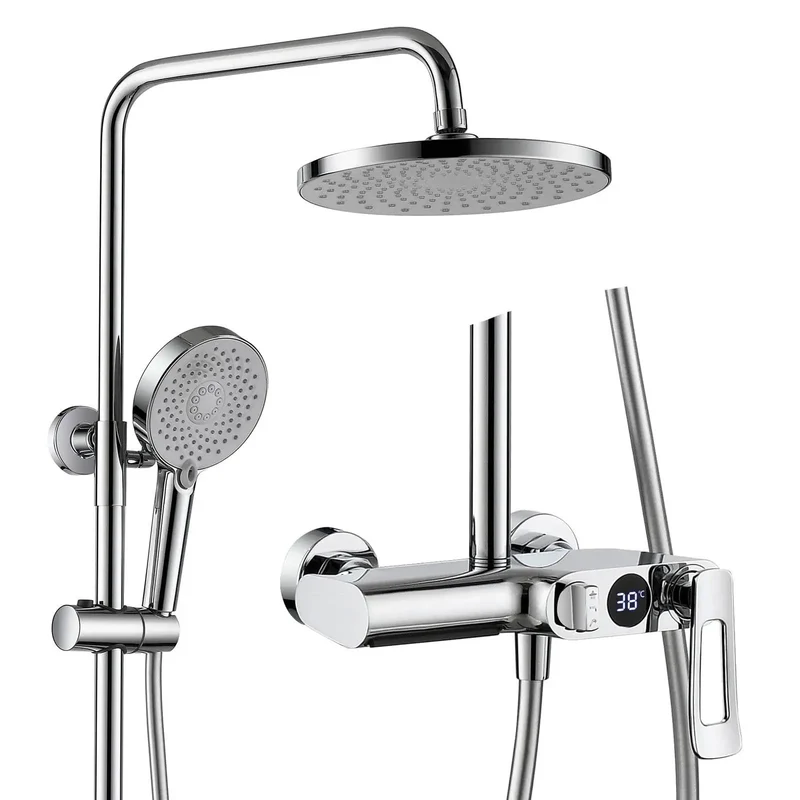 Top Shelf Modern Shower System Featuring A 10 Inch Round Rainhead, Led Digital Temp Display, Three Mode Handheld Sprayer, Waterfall Tub Spout, Slick Chrome Finish