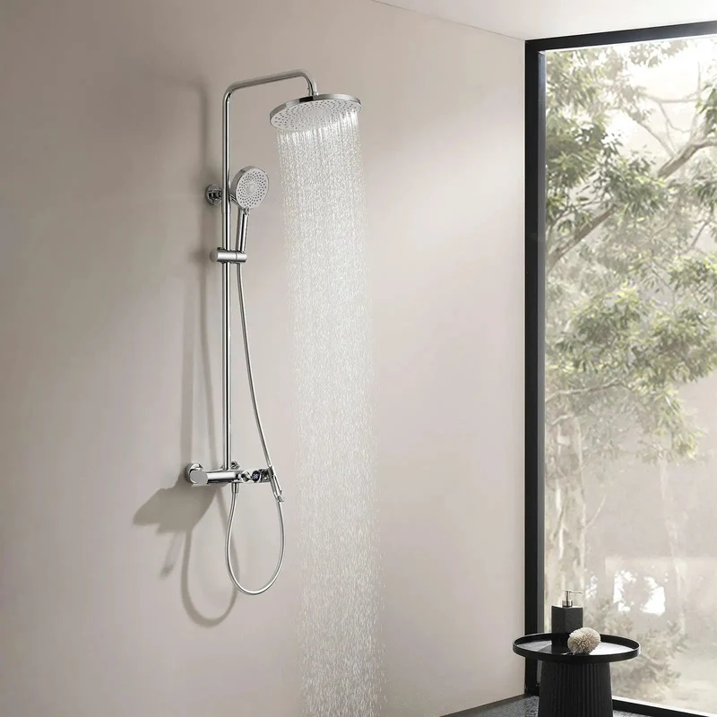 Top Shelf Modern Shower System Featuring A 10 Inch Round Rainhead, Led Digital Temp Display, Three Mode Handheld Sprayer, Waterfall Tub Spout, Slick Chrome Finish