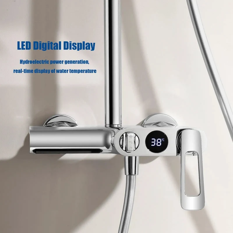 Top Shelf Modern Shower System Featuring A 10 Inch Round Rainhead, Led Digital Temp Display, Three Mode Handheld Sprayer, Waterfall Tub Spout, Slick Chrome Finish