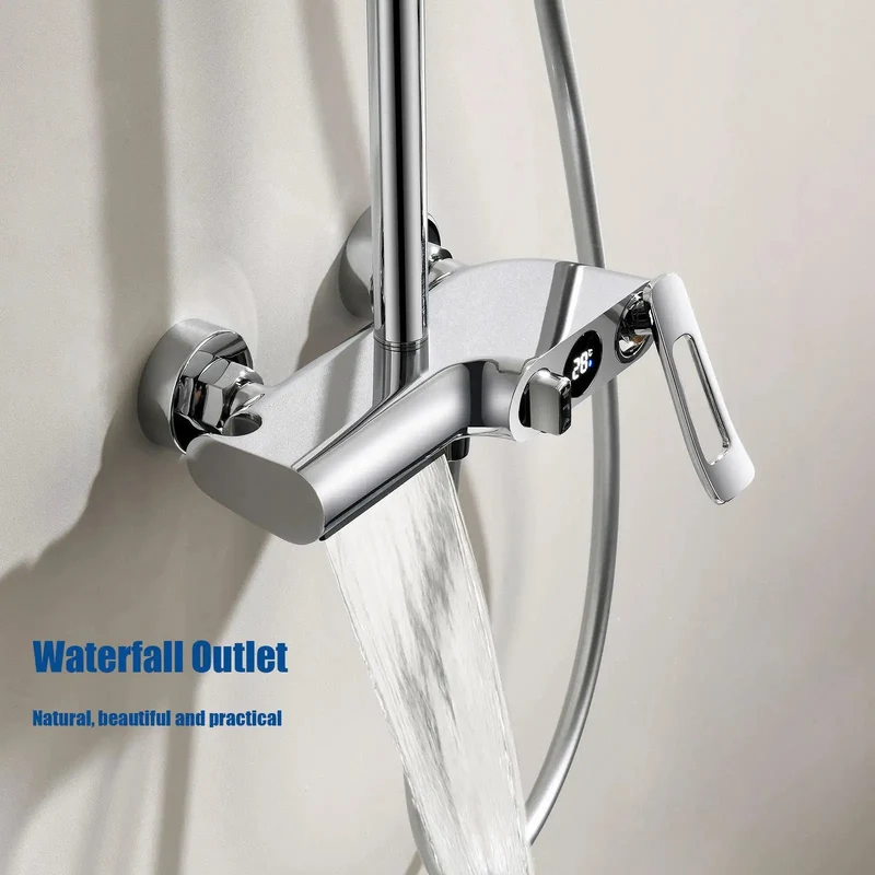 Top Shelf Modern Shower System Featuring A 10 Inch Round Rainhead, Led Digital Temp Display, Three Mode Handheld Sprayer, Waterfall Tub Spout, Slick Chrome Finish