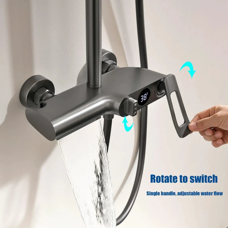 Top Shelf Modern Shower System Featuring A 10 Inch Round Rainhead, Led Digital Temp Display, Three Mode Handheld Sprayer, Waterfall Tub Spout, Slick Chrome Finish