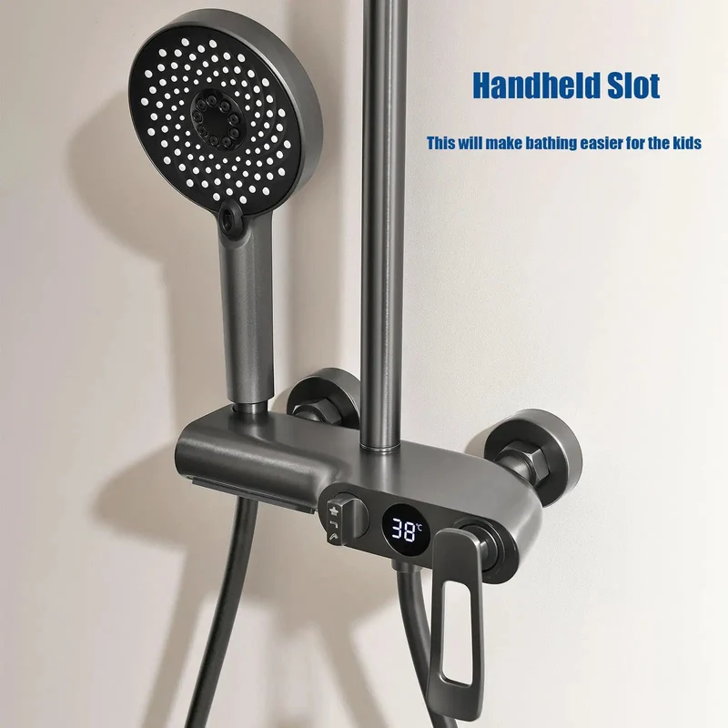 Top Shelf Modern Shower System Featuring A 10 Inch Round Rainhead, Led Digital Temp Display, Three Mode Handheld Sprayer, Waterfall Tub Spout, Slick Chrome Finish