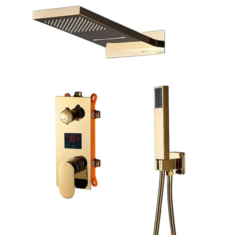 Upgrade Your Daily Grind With This Badass Black Digital Shower System Including Wall Mount Rain Head And Waterfall Spout Plus Rotate Hand Shower Body Where Led Display Shows Exact Temp And Shower Time So You Can Enjoy Pure Luxury Daily