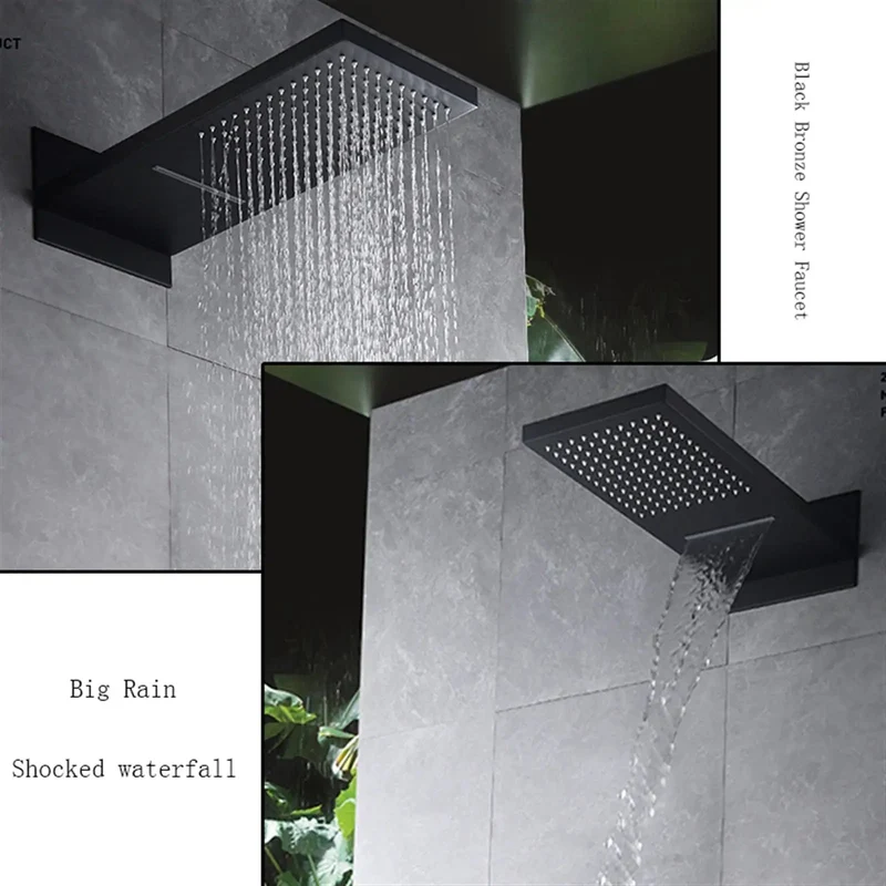 Upgrade Your Daily Grind With This Badass Black Digital Shower System Including Wall Mount Rain Head And Waterfall Spout Plus Rotate Hand Shower Body Where Led Display Shows Exact Temp And Shower Time So You Can Enjoy Pure Luxury Daily