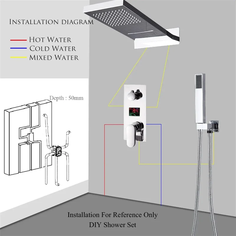 Upgrade Your Daily Grind With This Badass Black Digital Shower System Including Wall Mount Rain Head And Waterfall Spout Plus Rotate Hand Shower Body Where Led Display Shows Exact Temp And Shower Time So You Can Enjoy Pure Luxury Daily