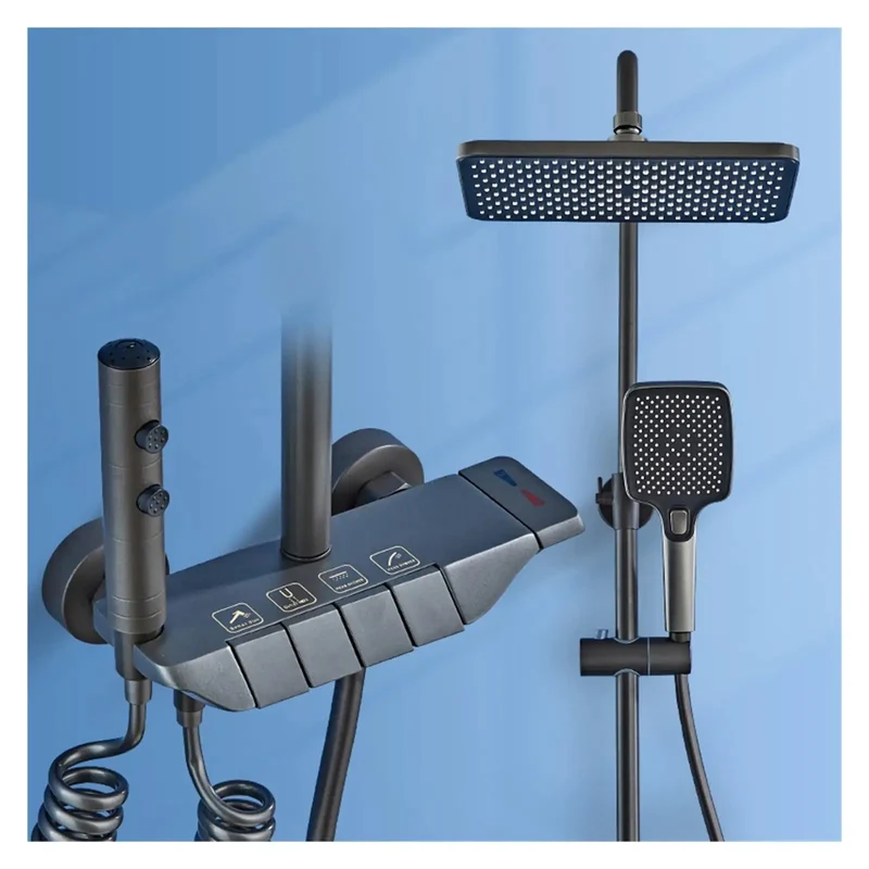 Badass Wall Mount Shower System Featuring Solid Brass Construction With Gun Gray Brush Finish And Digital Led Rainfall Head And Touch Piano Key Controls Including Waterproof Splitter For Your Luxe Spa Vibes Setup