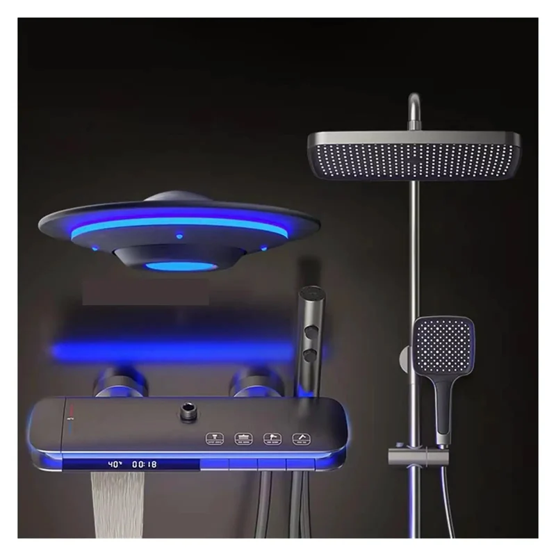 Badass Wall Mount Shower System Featuring Solid Brass Construction With Gun Gray Brush Finish And Digital Led Rainfall Head And Touch Piano Key Controls Including Waterproof Splitter For Your Luxe Spa Vibes Setup