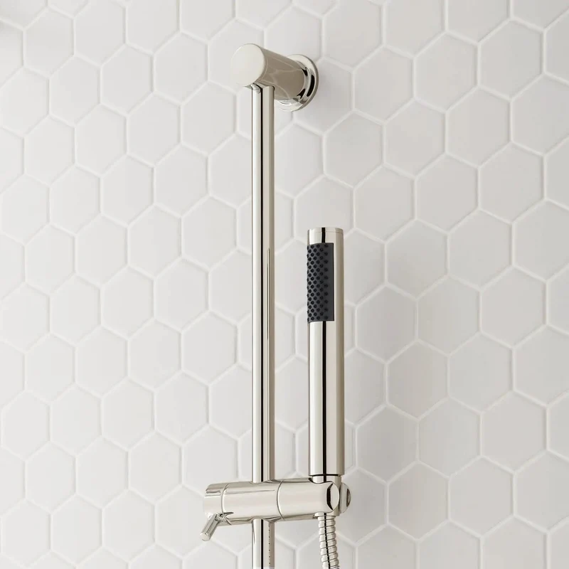 Sleek Brushed Nickel Shower System With Dead Smooth Single Handle Controls And Premium Fixed And Handheld Spray Heads Featuring Easy Clean Silicone Nozzles Tough Solid Brass Arm Plus Stretchy Flex Hose For A Tight Bath Upgrade