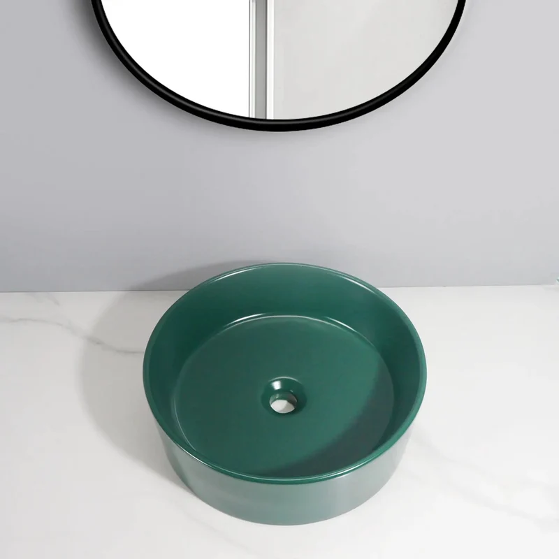 Round Ceramic Vessel Sink Above Counter With Butter Smooth Dark Green Glaze Nonporous Stain Resistant Finish No Hassle Cleanup Drop Dead Gorgeous Contemporary Bathroom Art Basin