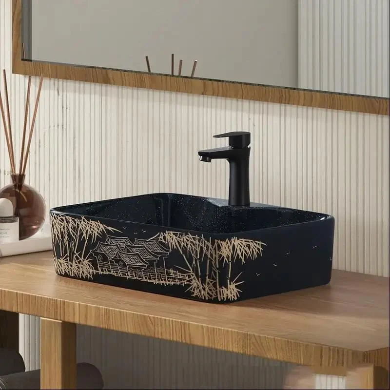 Chic Retro Ceramic Bathroom Sink Featuring Hand Carved Pattern Easy Clean Countertop Vessel Basin Non Yellowing Surface Ideal Bathroom Glow Up And Hassle Free Daily Cleaning For Stylish Household Setup