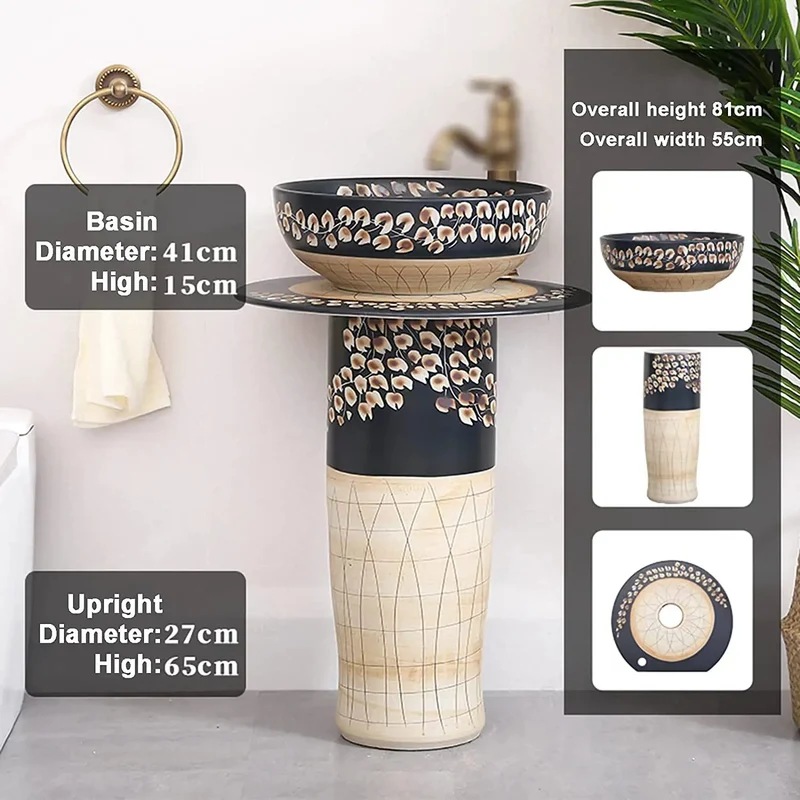 Slick Retro Industrial Style Pedestal Sink With Solid Heavy Duty Porcelain Basin And Dope Hand Carved Features For Compact Vanities And Top Shelf Decor
