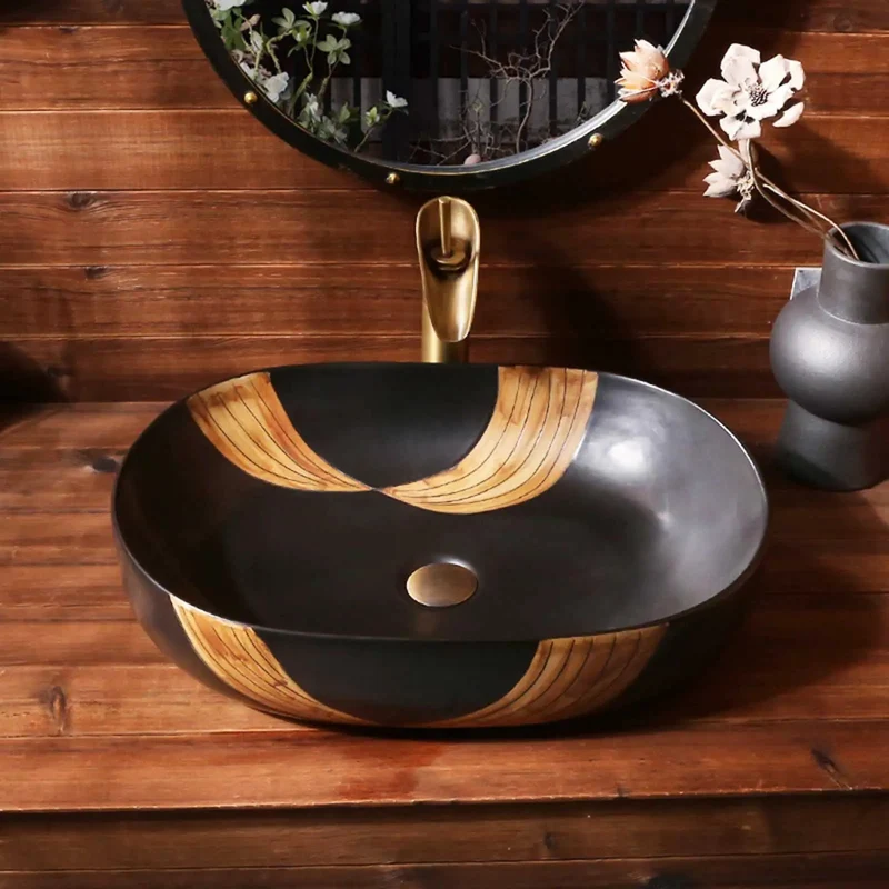 Hand Carved Ceramic Vessel Sink Black Countertop Basin Brings Killer Style To Bathrooms And Bars This Retro Artistic Washbasin Offers Heightened Antisplash Rim For Stress Free Washing And Big Time Elegance Measuring 59By40Cm