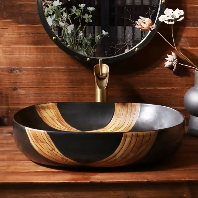 Hand Carved Ceramic Vessel Sink Black Countertop Basin Brings Killer Style To Bathrooms And Bars This Retro Artistic Washbasin Offers Heightened Antisplash Rim For Stress Free Washing And Big Time Elegance Measuring 59By40Cm