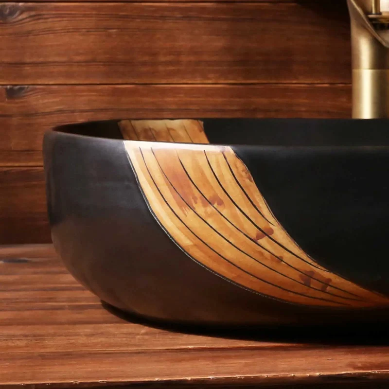 Hand Carved Ceramic Vessel Sink Black Countertop Basin Brings Killer Style To Bathrooms And Bars This Retro Artistic Washbasin Offers Heightened Antisplash Rim For Stress Free Washing And Big Time Elegance Measuring 59By40Cm