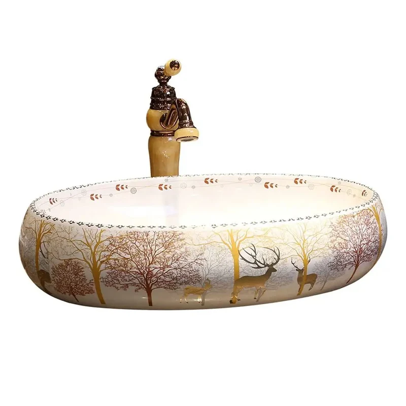 Durable Ceramic Forest Art Vessel Sink Dropping Major Vibes In Any Bathroom Or Bar Vanity Nordic Washbasin With Faucet Features Slick Finish For Easy Wiping And Low Water Absorption Making Routine A Total Breeze While Boosting Your Home Decor Game
