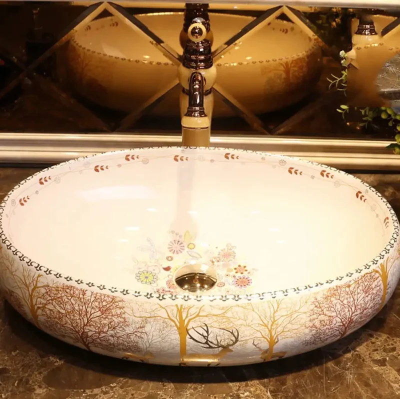 Durable Ceramic Forest Art Vessel Sink Dropping Major Vibes In Any Bathroom Or Bar Vanity Nordic Washbasin With Faucet Features Slick Finish For Easy Wiping And Low Water Absorption Making Routine A Total Breeze While Boosting Your Home Decor Game