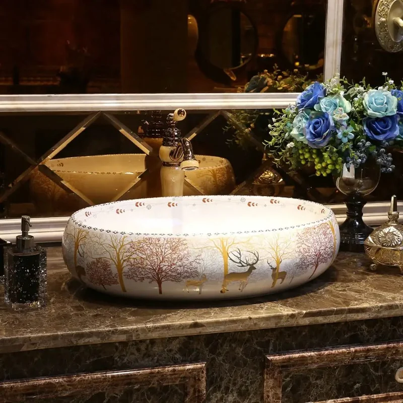Durable Ceramic Forest Art Vessel Sink Dropping Major Vibes In Any Bathroom Or Bar Vanity Nordic Washbasin With Faucet Features Slick Finish For Easy Wiping And Low Water Absorption Making Routine A Total Breeze While Boosting Your Home Decor Game