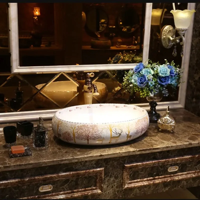 Durable Ceramic Forest Art Vessel Sink Dropping Major Vibes In Any Bathroom Or Bar Vanity Nordic Washbasin With Faucet Features Slick Finish For Easy Wiping And Low Water Absorption Making Routine A Total Breeze While Boosting Your Home Decor Game