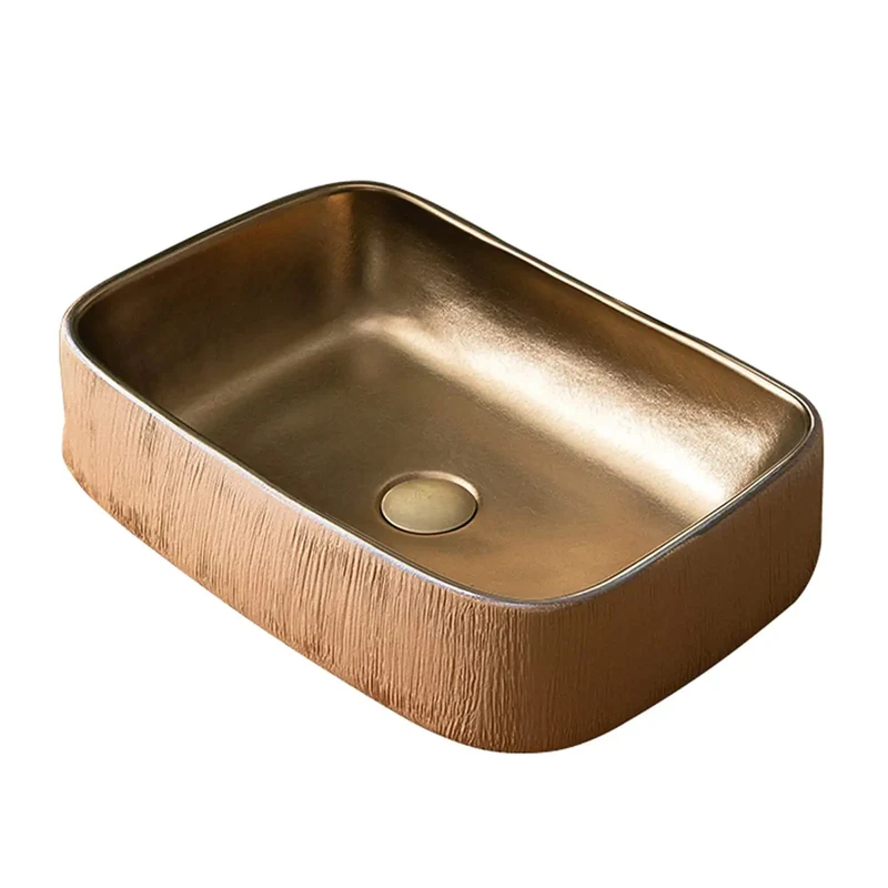 Heavy Hitter Gold Ceramic Vessel Bathroom Sink Rectangular Countertop Washbasin Featuring Hand Carved Texture And Retro Industrial Charm For No Sweat Cleaning And Smooth Sailing Flow