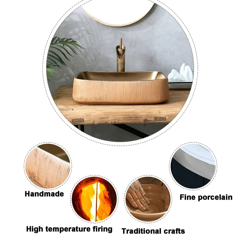 Heavy Hitter Gold Ceramic Vessel Bathroom Sink Rectangular Countertop Washbasin Featuring Hand Carved Texture And Retro Industrial Charm For No Sweat Cleaning And Smooth Sailing Flow